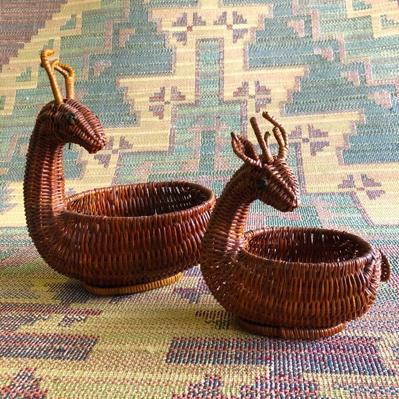 Set of 2 deer wicker baskets rustic farmhouse boho